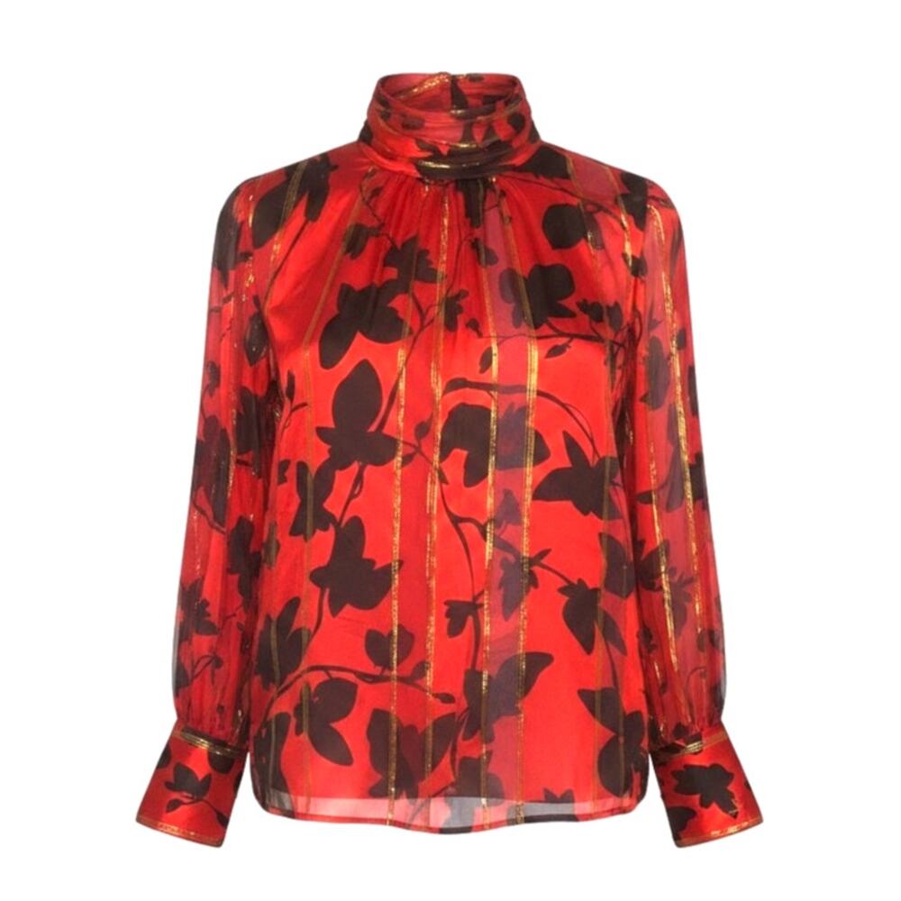 Vintage Flora Kung Women's Size 8 Silk Blouse Red Floral Gold Metallic Stripe